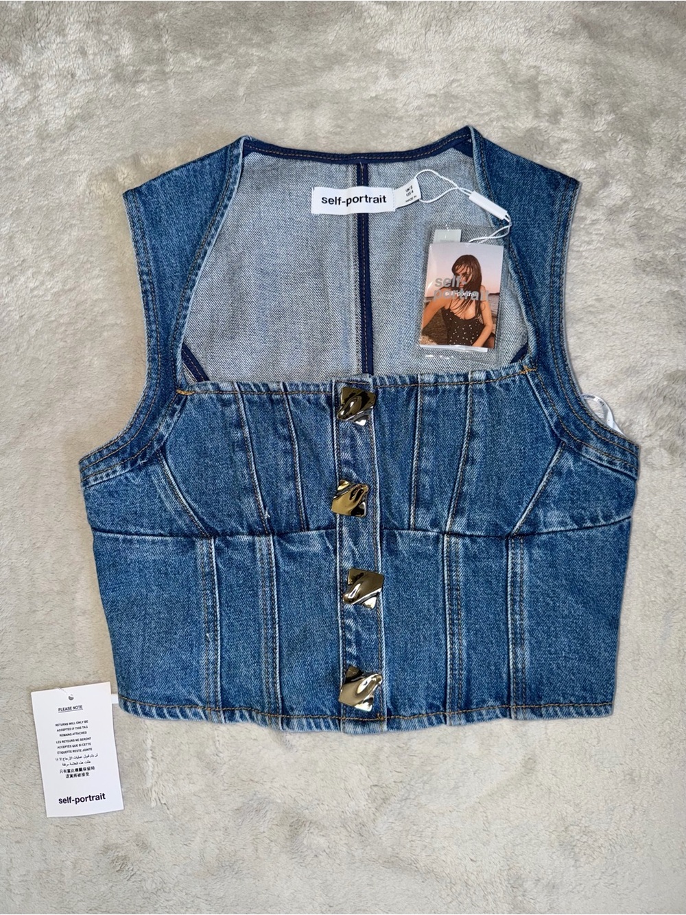 NWT Self-Portrait Denim Crop Top In Blue Women’s Size 4